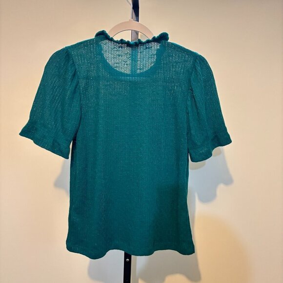 J. Crew Green Pointelle Short Sleeve Ruffle Neck Top - Picture 10 of 12